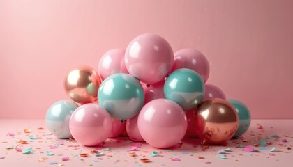 Pile of colorful balloons on pink background. Confetti decorates surface. Pink gold, blue balls celebrate holidays. Balloons for birthday party. Decoration for wedding anniversary graduation.