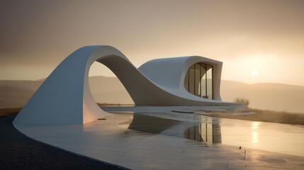 Futuristic white polymer curve wall blending into the landscape sunrise casting warm long shadows and reflections off wet