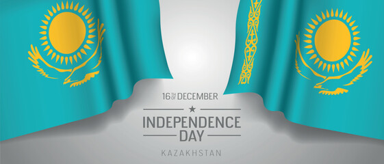 Kazakhstan happy independence day greeting card, banner with template text vector illustration. Kazakh memorial holiday 16th of December design element with 3D flag with sun
