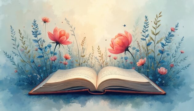 Open book in blooming flowers and greenery, symbolizing imagination and knowledge growth. Artistic illustration for literature or springtime themes. Tale unfolds into nature. - Powered by Adobe
