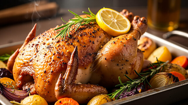 Roast chicken with lemon and vegetables on a baking tray  