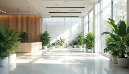 Modern office lobby features indoor plants. Bright spacious interior design with minimalist style. Reception area with wooden desk, chairs. Green eco decoration with natural light from large window