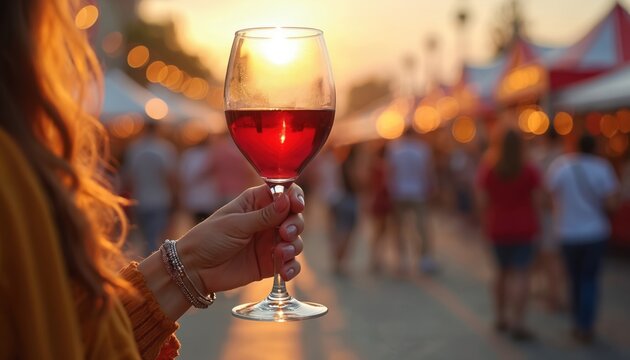 Woman hand holds glass of red wine at outdoor festival during warm beautiful sunset. People enjoy city fair celebration. Person tastes alcohol, relaxing at festive evening street event with bokeh