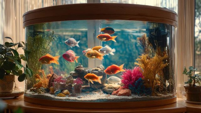 Vibrant aquarium scene with colorful fish swimming among lush aquatic plants, showcasing a dynamic underwater environment, camera pans across the tank