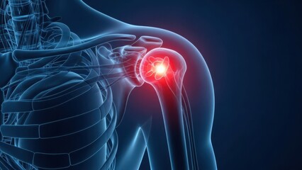 Illustration of 3d rendering of human shoulder joint anatomy with inflammation and pain highlighted in red, illustrating orthopedic medical condition concept