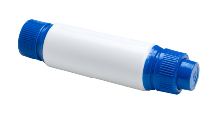A white plastic bottle with blue caps on both ends laying horizontally on a black background