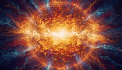 Obraz premium Abstract Exploding Energy Sphere With Fiery Orange And Blue Particles Expanding Outward In A Cosmic Nebula