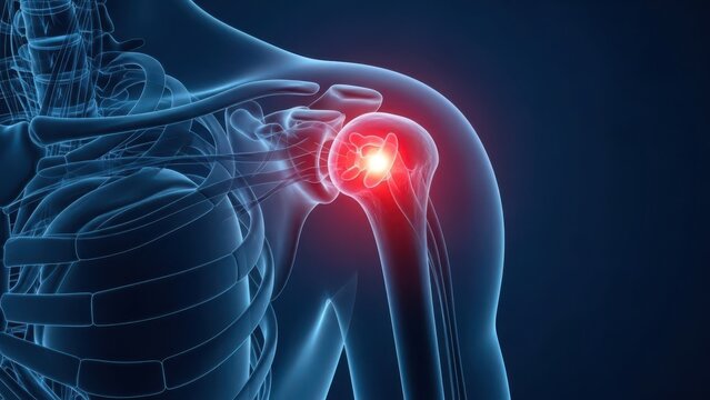 Illustration of 3d rendering of human shoulder joint anatomy with inflammation and pain highlighted in red, illustrating orthopedic medical condition concept