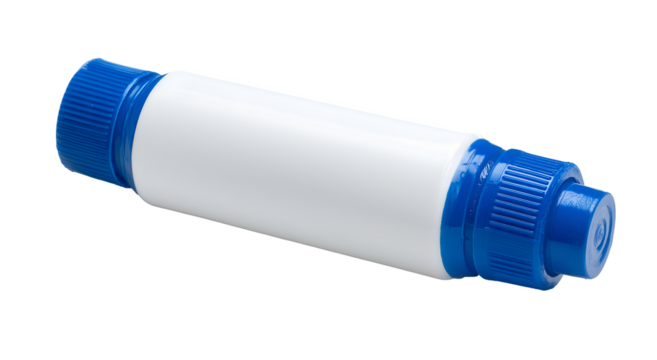 A white plastic bottle with blue caps on both ends laying horizontally on a black background