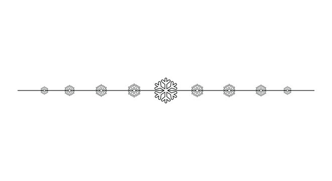 Minimal horizontal divider with delicate black snowflakes aligned along a thin line on a clean white background, ideal for Christmas invitations, greeting cards, web banners, page borders and winter
