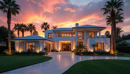 Contemporary luxury home exterior at dramatic colorful sunset sky. Tall palm trees frame large white multi story villa with elegant modern architecture. Warm lighting illuminates facade, manicured