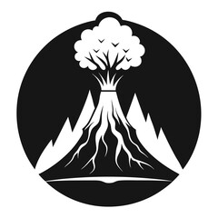Stylized mountain with sprouting tree and birds forming volcanic shape inside a black circle