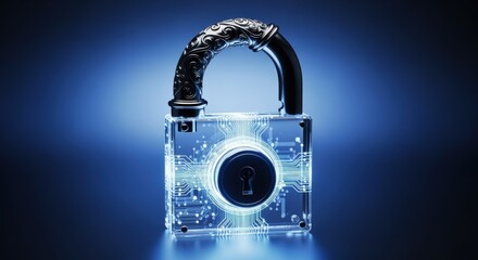 Futuristic transparent circuit board lock with metallic handle surrounded by blue light, creating a digital atmosphere.
