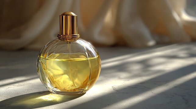 Elegant vintage perfume bottle with golden cap resting on textured surface