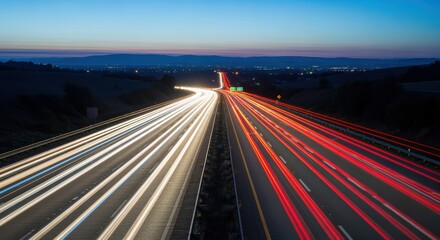 Vibrant night highway with light trails from passing vehicles, set against a distant cityscape and hilly terrain.