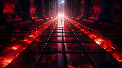 Bright red light shining over patterned stone tiles in dim space