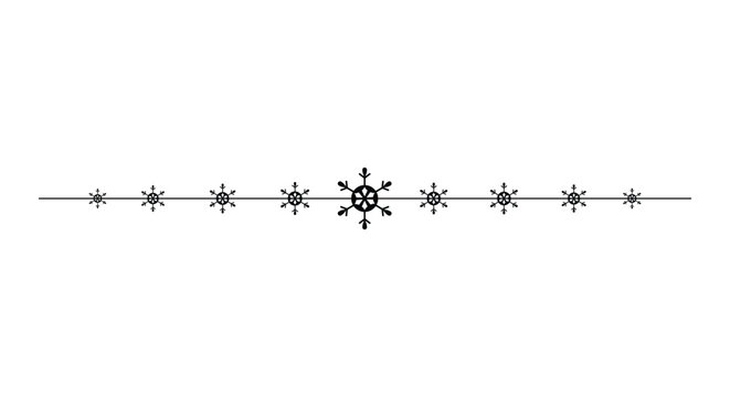 Minimal horizontal divider with delicate black snowflakes aligned along a thin line on a clean white background, ideal for Christmas invitations, greeting cards, web banners, page borders and winter