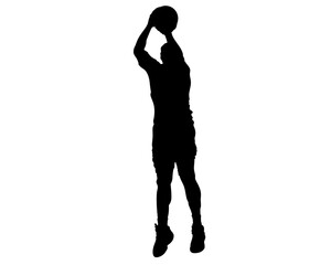 Silhouette of a basketball player holding the ball overhead in a ready shooting stance