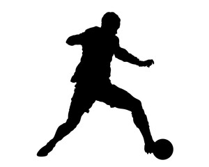 Silhouette of a soccer player in a dynamic pose, either kicking or dribbling a ball, against a clean white background