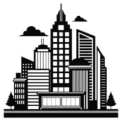 Obraz premium Black and white silhouette displays stylized cityscape with buildings, clouds, and trees showing simplicity