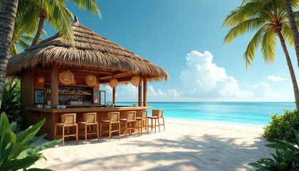 Beach bar with thatched roof faces calm ocean. Palm trees surround sand. Idyllic vacation getaway location. Resort offers tropical cocktails, relaxation. Holiday destination perfect for summer escape
