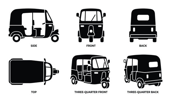 Auto rickshaw views set of simple black and white vector icons showing various perspectives of a three-wheeled vehicle