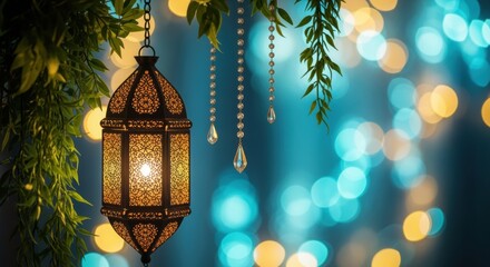 Ornate lantern amid lush foliage, emitting warm glow against vibrant bokeh backdrop.