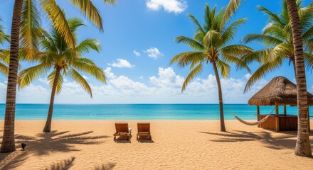 Peaceful beach scene with swaying palms, turquoise waters, and relaxing beach chairs. A thatched-roof hut completes this tranquil tropical paradise, inviting you to unwind.