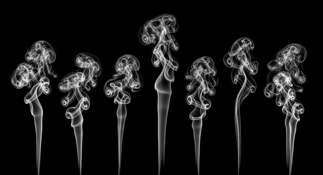 Ethereal smoke plumes swirl against a dark backdrop, forming captivating abstract shapes that convey a sense of energy, mystery, and the ephemeral nature of existence.