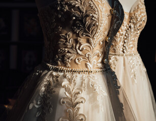 Obraz premium Closeup of ornate gowns showcases intricate embroidery and pearl details. Symbolizing elegance, craftsmanship and special occasions. Ideal for fashion, bridal, or design.