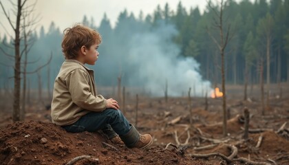 Young boy sits on deforested land with smoke and fire. Child looks at burnt forest with trees cut down. Environmental damage and destruction concept.