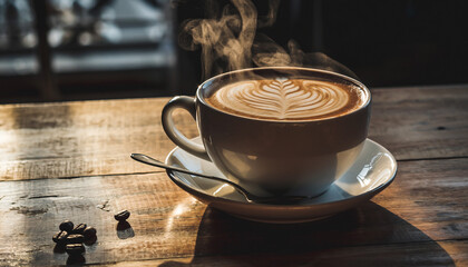 Steaming latte art in a rustic cup, sitting on a sunlit wooden table. Evokes warmth, comfort, and simple pleasures. Ideal for cafe, lifestyle, or design projects.