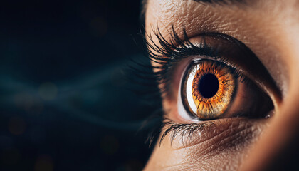 Intense macro shot of a striking eye, vibrant amber iris set against dark background. Symbolizes vision, focus, or insight. Perfect for health, beauty, or abstract concepts.