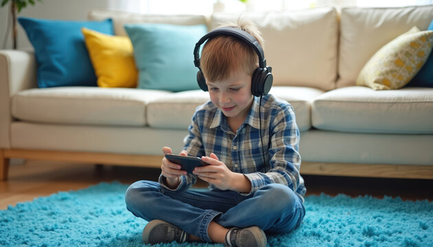Young boy with headphones sits on blue carpet, plays game on smartphone. Child enjoys mobile app, watches video on phone. Kid relaxes indoors with headphones on, focused on screen. - Powered by Adobe