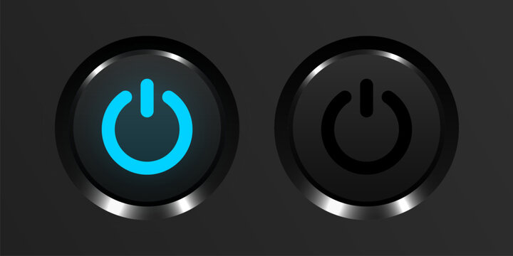 Modern power button icon showing on and off states. Blue illuminated switch on dark background. Vector illustration.
