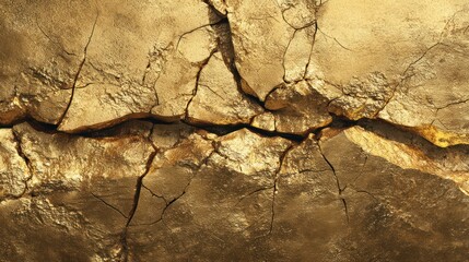 Golden cracked surface photographed to emphasize fissures spreading across metallic plane Shadows deepen crevices adding tactile dimensionality reveal