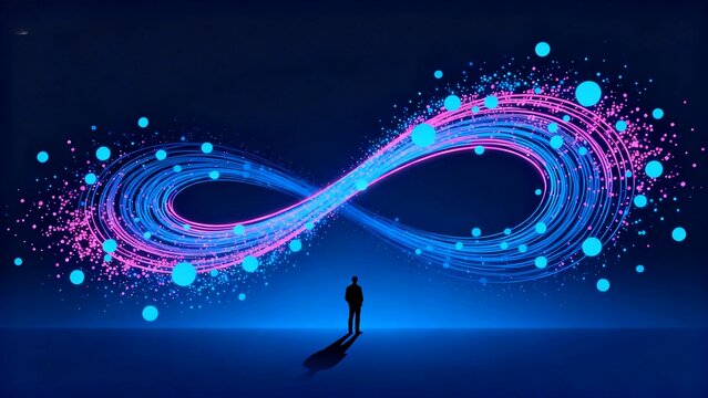 A deep blue gradient background, creating a profound and mysterious tech atmosphere. The picture contains flowing linear particles that form a M&ouml;bius strip