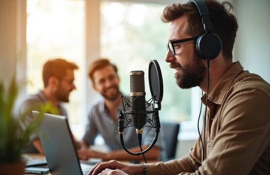 Man speaks into microphone with headphones. People recording podcast or doing live stream with friends. Content creator at home with laptop. Audio producer with equipment at desk.