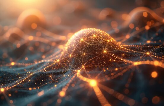 Abstract digital tech network structure glows bright orange. Connected lines, tiny particles illustrate big data flow, AI world. Cyber visualization shows modern innovation, global information