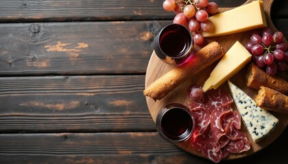 Wooden board presents cheese assortment, cured meats, breadsticks, grapes, and red wine glasses. This rustic platter offers a delicious appetizer spread for parties or casual dining occasions.