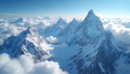 Fototapeta premium Aerial illustration shows mountain range covered with snow. Peaks touch sky with white clouds. Perfect illustration for travel brochure, winter adventure promo nature related article. Generative AI