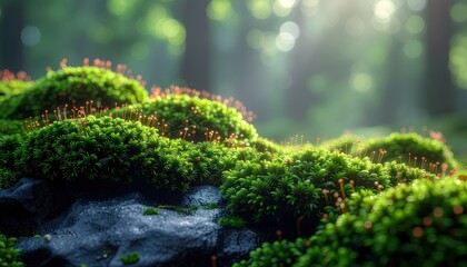 Close up of vibrant green moss covered rocks with tiny orange spore capsules in a sunlit forest with soft bokeh background