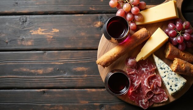 Wooden board presents cheese assortment, cured meats, breadsticks, grapes, and red wine glasses. This rustic platter offers a delicious appetizer spread for parties or casual dining occasions.