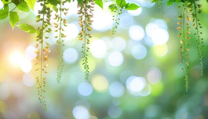 Sunlight filters through hanging green leaves and delicate yellow blossoms creating a bokeh effect in a soft natural environment