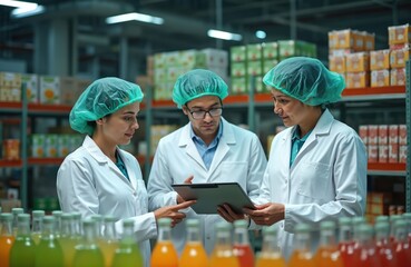 Team of quality control workers inspect bottled fruit juice drinks. Three people in white lab coats, green hair nets check data on tablet. Work in modern beverage factory warehouse, review production