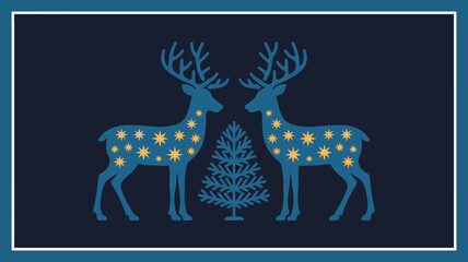 Two blue reindeer with yellow stars facing each other with a christmas tree in the middle on dark blue