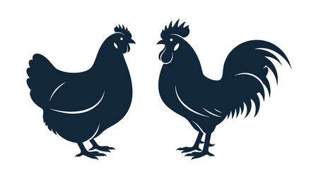 Fototapeta premium Stylized dark blue silhouettes of a hen and a rooster facing each other, representing poultry, farming, and domestic birds.
