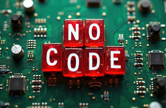 Red cubes spell no code on green electronic circuit board with microchips. Concept of low code development platforms for software creation. Represents visual programming, citizen developer tools,