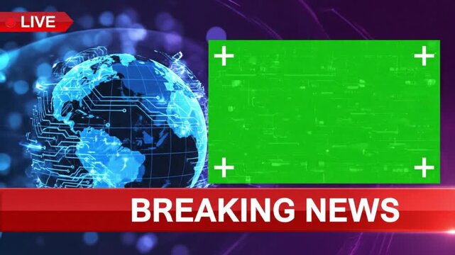 Dynamic breaking news broadcast intro with globe and green screen for your exclusive reports and global headlines, ready for your content