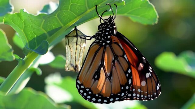 Monarch butterfly hangs next to its chrysalis on a green leaf.